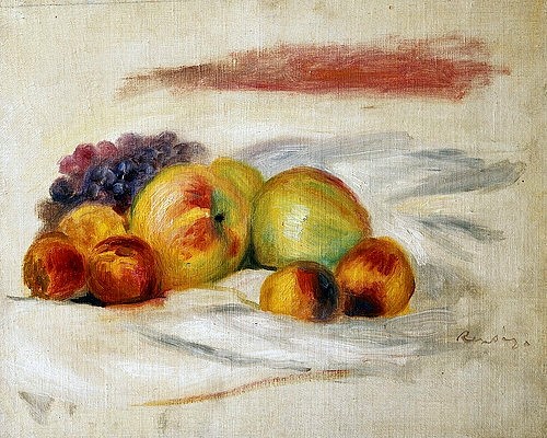 Pierre-Auguste Renoir, Äpfel, Pfirsiche und Weintrauben. Um 1910 (Stillleben, Früchte, Obst,  Pfirsiche, Trauben, Äpfel, Impressionismus, klassische Moderne, Wunschgröße, Wohnzimmer, Eszimmer, Küche, Malerei)