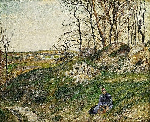 Camille Pissarro, Dei Kräutersammlerin, Pontoise. 1882 (Christie's Images Ltd,Pissarro,Camille,1830-1903,Öl auf Leinwand,19. Jahrhundert,Impressionismus,Camille Pissarro Findling,ländlich,Landleben,auf dem Land,sammeln,Sammlerin,Kräuter,Waldrand,Frau,Hang,Pontoise,kahle Bäume,Korb, französischer impressionismu)