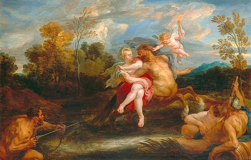 Peter Paul Rubens, Der Centaur Nessus entführt die Dejanira. (Rubens,Peter Paul,1577-1640,Hannover,Landesmuseum,Eichenholz,17. Jahrhundert,Barock,und Werkstatt,Peter Paul Rubens,Werkstatt,Ovid,Metamorphosen,Dejanira,Fluss Euenos,Centaur,Nessus,übersetzen,Herkules,Bogenschütze,Entführung,Pfeil,Putto,Armor,Flussgott)