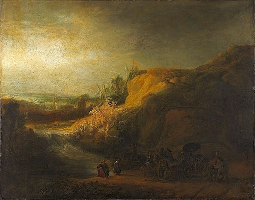 Rembrandt van Rijn (Werkstatt), Landschaft mit der Taufe des Kämmerers. 1640 (Hannover,Landesmuseum,Rembrandt van Rijn (Werkstatt),Lwd.,17. Jahrhundert,Barock,Rembrandt,Werkstatt,Kämmerer,Kandake,Kutsche,Taufe,taufen,Philippus,Gefolge)