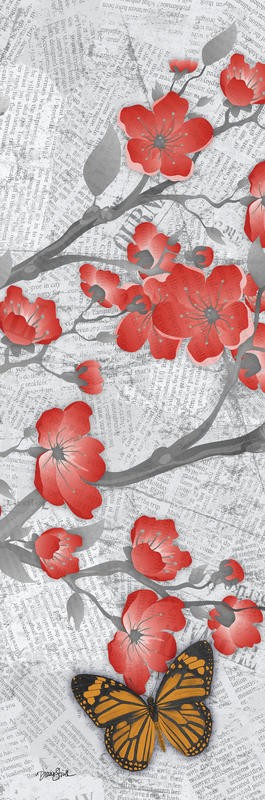 Diane Stimson, CHERRY BLOSSOM RED PANEL I (Zweige, Blütenzweige, Schmetterling, Silhouette, Zeitung, modern, Grafik, Wunschgröße, Treppenhaus, Wohnzimmer, grau/rot)
