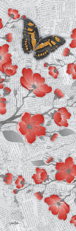 Diane Stimson, CHERRY BLOSSOM RED PANEL II (Zweige, Blütenzweige, Schmetterling, Silhouette, Zeitung, modern, Grafik, Wunschgröße, Treppenhaus, Wohnzimmer, grau/rot)