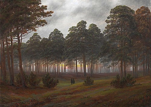 Caspar David Friedrich, Der Abend. 4. Bild der Folge der 'Vier Tageszeiten'. Um 1821 (Friedrich,Caspar David,1774-1840,Hannover,Landesmuseum,Öl auf Leinwand,19. Jahrhundert,Romantik,Friedrich, Caspar David,Romantik,Wald,Tageszeit,Abend,Wald,Bäume,Abendlicht,Dämmerung,Dämmerlicht,Tannen,Ruhe,Natur)