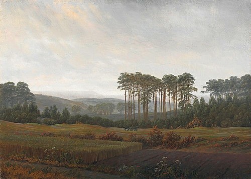Caspar David Friedrich, Der Nachmittag. 3. Bild der Folge der 'Vier Tageszeiten'. Um 1822 (Friedrich,Caspar David,1774-1840,Hannover,Landesmuseum,Öl auf Leinwand,19. Jahrhundert,Romantik,Caspar David Friedrich,Romantik,Tageszeit,Baumgruppe,Bäume,Natur,Feld,Wiese,friedlich)