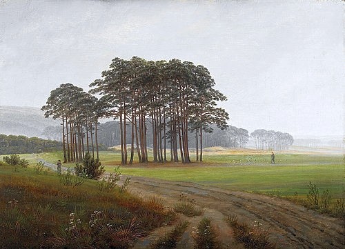 Caspar David Friedrich, Der Mittag. 2. Bild der Folge der 'Vier Tageszeiten'. Um 1822 (Friedrich,Caspar David,1774-1840,Hannover,Landesmuseum,Öl auf Leinwand,19. Jahrhundert,Romantik,Caspar David Friedrich,Romantik,Tageszeit,Baumgruppe,Bäume,Natur,Weg,freies Feld)