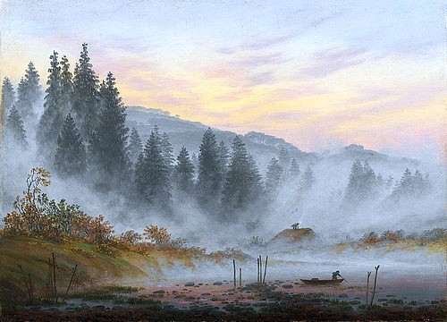 Caspar David Friedrich, Der Morgen. 1. Bild der Folge der 'Vier Tageszeiten'. Um 1821 (Friedrich,Caspar David,1774-1840,Hannover,Landesmuseum,Öl auf Leinwand,19. Jahrhundert,Romantik,Caspar David Friedrich,Morgen,Romantik,Nebel,Tageszeit,Wald,Tannen,Tannenbäume,Morgenröte,nebelig,neblig,friedlich)