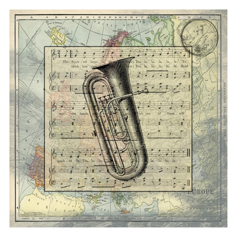 Sheldon Lewis, TUBA (Musikinstrument, Tuba, Instrument, Karte, Kartografie, Europakarte, Musikzimmer, Wohnzimmer, Treppenhaus, Wunschgröße, Grafik, bunt)
