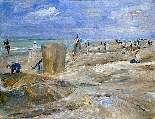 Max Liebermann, Strand bei Noordwijk (mit zwei Reitern). 1908 (Liebermann,Max,1847-1935,Hannover,Landesmuseum,Öl auf Holz,20. Jahrhundert,Impressionismus,parkettiert,Max Liebermann,Nordsee,Nordseebad,Strand,Strandkorb,Sand,Sommerferien,Meer,Niederlande,Holland)