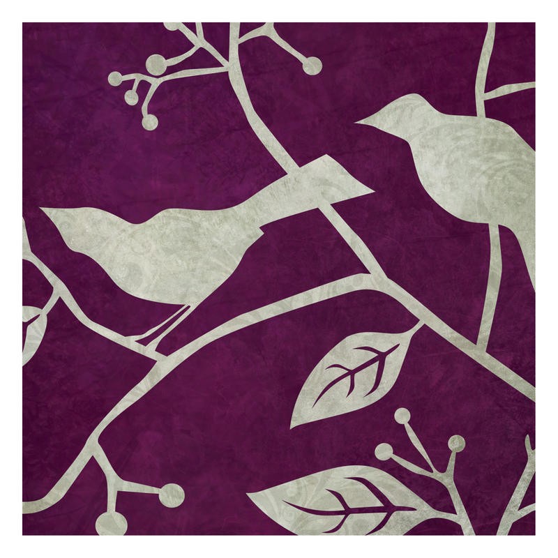 Kristin Emery, BIRDS & LEAVES PURPLE II (Zweig, Blätter, Vögel, Silhouette, Scherenschnitt, plakativ, Wunschgröße, Wohnzimmer, Treppenhaus, Schlafzimmer, Wunschgröße, grau/violett)