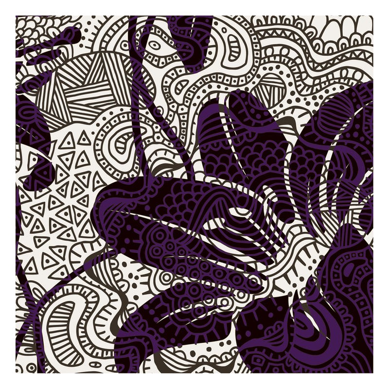 Kristin Emery, PATTERN FLOWERS I (Muster, floral, Blumen, Blätter, stilisierte Blüten, retro/vintage, flower power, Grafik,  modern, zeitgenössisch, Wohnzimmer, Treppenhaus, Wunschgröße, lila/grau)