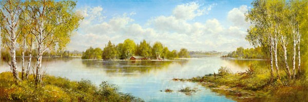 Helmut Glassl, LAKE IN MASUREN II (Malerei, Landschaften, Natur,   See, Birken, Idylle,  Ruhe, Bäume, Nostalgie, Wohnzimmer, Treppenhaus, Wunschgröße, bunt)