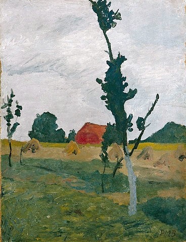 Paula Modersohn-Becker, Worpsweder Landschaft mit rotem Haus. 1899 (Hannover,Landesmuseum,Modersohn-Becker,Paula,1876-1907,Öl/Pappe,20. Jahrhundert,Paula Modersohn-Becker,Landschaft,Worpswede,Norddeutschland,Baum,Bäumchen,Wiese,Feld,Getreidefeld,Heuhocken,auf dem Land)