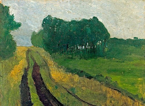 Paula Modersohn-Becker, Abendlandschaft. 1904 (Hannover,Landesmuseum,Modersohn-Becker,Paula,1876-1907,Öl auf Pappe,20. Jahrhundert,auf Holz aufgezogen,Paula Modersohn-Becker,Baumgruppe,Landschaft,Weg,Feldweg,Worpswede,niemand)