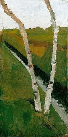 Paula Modersohn-Becker, Zwei Birkenstämme. (Hannover,Landesmuseum,Modersohn-Becker,Paula,1876-1907,Öl/Pappe,20. Jahrhundert,Paula Modersohn-Becker,Birke,Birken,Worpswede,Moor,Moorkanal,Moorlandschaft,Flüsschen,Landschaft,Baum,Bäume,Baumstamm,Baumstämme,junge Bäume,Norddeutschland)
