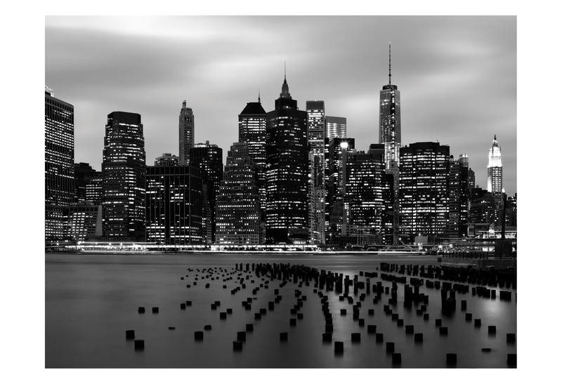 Tracey Telik, SKYLINE MANHATTAN (New York, Metropole, Skyline, Abendstimmung, Beleuchtung, Wolkenkratzer, Architektur,  Wunschgröße, Wohnzimmer, Fotokunst, schwarz/weiß)