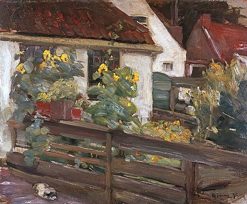 Max Liebermann, Garten mit Sonnenblumen. 1895 (Liebermann,Max,1847-1935,Hannover,Landesmuseum,Öl auf Holz,19. Jahrhundert,Impressionismus,Max Liebermann,Garten,Zaun,Sonnenblumen,Sonnenblume,Bauernhaus,Bauerngarten,Blumen)