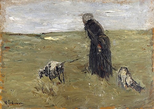 Max Liebermann, Alte Frau mit Ziegen (Studie). Gegen 1890 (Liebermann,Max,1847-1935,Hannover,Landesmuseum,Öl/Pappe,19. Jahrhundert,Impressionismus,Liebermann,Max Liebermann,Bäuerin,Tiere,19. Jahrhundert,impressionistisch,Ziege,Ziegen,ziehen,Strick,Frau,Düne,flaches Land,windig,rau,ungeschönt,realistisch,Geiß,einf)