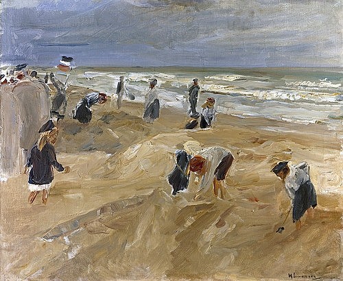 Max Liebermann, Strandscene in Noordwijk. 1908 (Liebermann,Max,1847-1935,Hannover,Landesmuseum,Öl auf Leinwand,20. Jahrhundert,Impressionismus,Max Liebermann,Niederlande,Holland,Strand,Sand,Kinder,im Sand spielen,Meer,Sommerferien,Sandburg,Impression,Momentaufnahme)