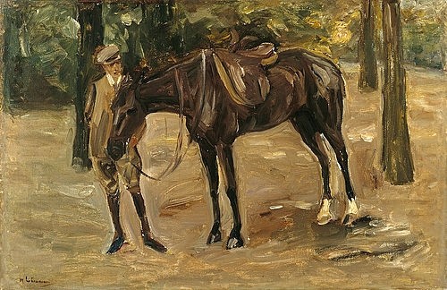 Max Liebermann, Reitknecht mit Pferd im Park. 1912 (Liebermann,Max,1847-1935,Hannover,Landesmuseum,Öl auf Leinwand,20. Jahrhundert,Impressionismus,Max Liebermann,Knecht,Pferd,Mann,Tier,Zügel,gesattelt,Reithose)