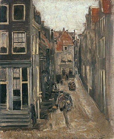 Max Liebermann, Judengasse in Amsterdam. 1884 (Liebermann,Max,1847-1935,Hannover,Landesmuseum,Öl auf Leinwand,19. Jahrhundert,Impressionismus,Max Liebermann,Gasse,enge Straße,Straßenansicht,Amsterdam,Niederlande,Holland,Haus,Fassade,Perspektive)