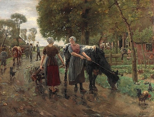 Max Liebermann, Holländische Dorfstraße. 1885 (Liebermann,Max,1847-1935,Hannover,Landesmuseum,Öl auf Leinwand,19. Jahrhundert,Impressionismus,Max Liebermann,Dorf,Niederlande,Holland,Bäuerin,Landfrau,Landfrauen,Bäuerinnen,Frauen,sich unterhalten,Schubkarre,Dorfstraße,Kuh,Hahn,Landleben,Nutztier,Nutztie)