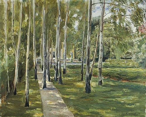 Max Liebermann, Der Garten des Künstlers. 1918 (Liebermann,Max,1847-1935,Hannover,Landesmuseum,Öl auf Leinwand,20. Jahrhundert,Impressionismus,Max Liebermann,Birke,Park,Garten,Birken,Bäume,licht,Birkenwald,Birkenwäldchen,Wäldchen,Frühling,frühlingsgrün,hellgrün,Stämme,Baumstämme,Gartenweg,Lichtspiel,Li)