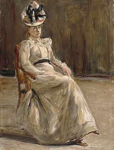 Max Liebermann, Damenbildnis. 1899 (Liebermann,Max,1847-1935,Hannover,Landesmuseum,Öl/Pappelholz,19. Jahrhundert,Portrait,Impressionismus,Max Liebermann,Frau,Dame,Hut,Kopfbedeckung,Bildnis,Modell sitzen,sich porträtieren lassen,Ganzfigur,Sitzende)