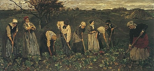 Max Liebermann, Arbeiter im Rübenfeld. 1874/75 begonnen in Barbizon, vollendet 1876 (Liebermann,Max,1847-1935,Hannover,Landesmuseum,Öl auf Leinwand,19. Jahrhundert,Impressionismus,Max Liebermann,Feldarbeit,Bauern,Bäuerin,Bäuerinnen,Landwirtschaft,Feld,Acker,Rüben,Rübenanbau,Gemüse,Gruppe,Gruppenportrait,graben,Ernte,ernten,Genre,Landleben)