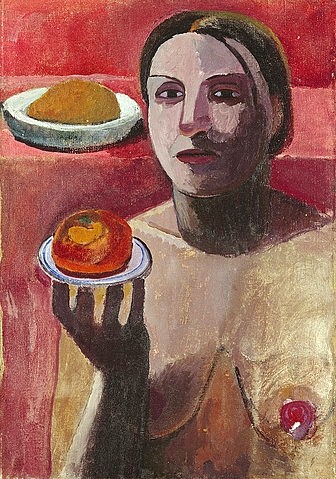 Paula Modersohn-Becker, Halbakt einer Italienerin mit Teller. 1906 (Hannover,Landesmuseum,Modersohn-Becker,Paula,1876-1907,Öl auf Leinwand,20. Jahrhundert,Portrait,auf Hartfaser,Paula Modersohn-Becker,Halbakt,Frau,halten,auf den Fingern balancieren,auf Fingerspitzen,Tellerchen,Untertasse,Obst,Frucht)