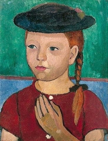 Paula Modersohn-Becker, Brustbild eines Mädchens mit braunem Kleid und schwarzem Hut. 1907 (Hannover,Landesmuseum,Modersohn-Becker,Paula,1876-1907,Lwd.,20. Jahrhundert,Portrait,auf Hartfaser auf Spannrahmen genagelt,Paula Modersohn-Becker,Mädchen,Kind,Zopf,geflochten,geflochtener Zopf,Hut)