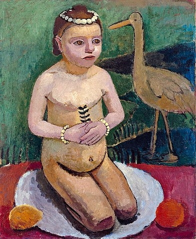 Paula Modersohn-Becker, Hockendes Mädchen mit Storch. 1906/07 (Hannover,Landesmuseum,Modersohn-Becker,Paula,1876-1907,Öl auf Leinwand,20. Jahrhundert,auf Hartfaser,Paula Modersohn-Becker,Kind,Mädchen,hocken,knien,Kranz,Armband,Armbänder,Mädchenakt,Akt,Storch,Zweig)