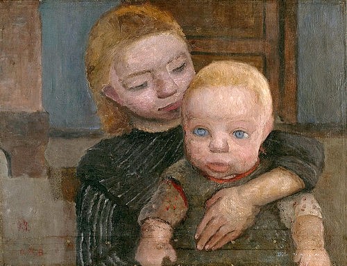 Paula Modersohn-Becker, Halbfigur eines Mädchens, den Arm um ein Kind gelegt. 1904 (Hannover,Landesmuseum,Modersohn-Becker,Paula,1876-1907,Lwd.,20. Jahrhundert,Portrait,doubliert,Paula Modersohn-Becker,Kind,Kinder,Mädchen,Baby,Kleinkind,blaue Augen,Geschwister,große Schwester,umarmen,behüten,Geschwisterliebe,aufpassen)