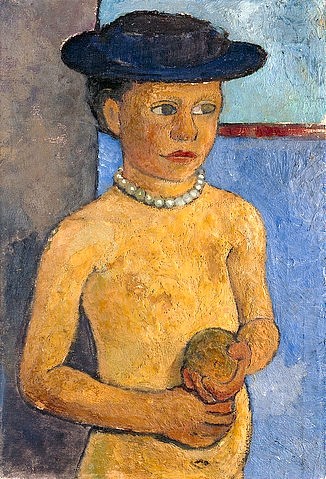 Paula Modersohn-Becker, Halbakt eines Mädchens mit schwarzem Hut. 1907 (Hannover,Landesmuseum,Modersohn-Becker,Paula,1876-1907,Lwd.,20. Jahrhundert,Portrait,Paula Modersohn-Becker,Mädchen,Heranwachsende,Kind,kindlich,Perlenkette,Kette,Akt,Kinderakt,Accessoire,Accessoires)