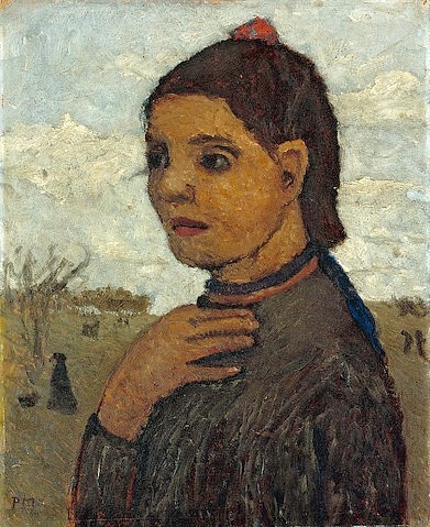 Paula Modersohn-Becker, Brustbild eines italienischen Mädchens vor Landschaft. 1906 (Portrait,20. Jahrhundert,Pappe,1876-1907,Modersohn-Becker,Paula,Hannover,Landesmuseum,Paula Modersohn-Becker,junge Frau,Mädchen,Halbprofil,Hand an der Brust,Italienerin,Landschaft im Hintergrund,nachdenklich)