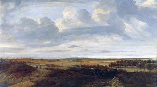 Jan II. Vermeer van Haarlem, Holländische Flachlandschaft. Um 1660 (Hannover,Landesmuseum,Eichenholz,17. Jahrhundert,Barock,Landschaft,? Landesmuseum Hannover - ARTOTHEK,Vermeer van Haarlem,Jan II.,1628-1691,Jan Vermeer van Haarlem der Jüngere,Horizont,Holland,Küstenlandschaft,Panorama,Niederlande,Himmel,Wolken,flach)