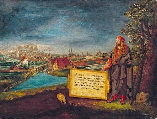 Hans Sebald Lautensack, Blick auf Nürnberg mit Altbrecht Dürer im Vordergrund. 1553 (Hannover,Landesmuseum,Holz,16. Jahrhundert,? Landesmuseum Hannover - ARTOTHEK,Lautensack,Hans Sebald,1524- vor 1566,Lautensack,Hans Sebald,Nürnberg,Stadt,Stadtansicht,Inschrift,Albrecht Dürer)