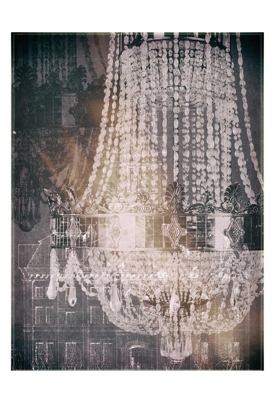 Tina Carlson, CHANDELIER SILVER I (Lampe, Leuchter, Kronleuchter, Kristall, Nostalgie, Retro, Vintage, Grafik, Fotokunst, Wunschgröße, Wohnzimmer, Treppenhaus, bunt)