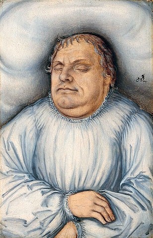 LUCAS CRANACH Der Ältere, Martin Luther auf dem Totenbett. 1546 (Martin Luther, Totenbett, Leichnam, Tod,  Leichenhemd, geschlossene Augen,   Reformator, Protestantismus, Portrait, Persönlichkeiten, Klassiker, Renaissance, Wunschgröße, Wohnzimmer)