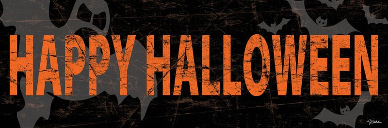 Diane Stimson, HAPPY HALLOWEEN I (Halloween, Geister, Skulls,  Motivation, Inspiration, Typografie, Grafik, Wunschgröße, Treppenhaus, orange/grau)