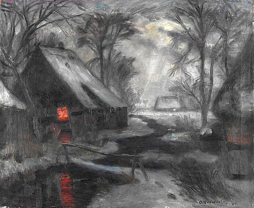 Otto Modersohn, Winterabend in Fischerhude. Um 1935 (Abend, Winter, Winterabend, schemenhaft, geheimnisvoll, dunkel, Nacht, Bauernhaus, Lichtschein, Bach, Landschaft,   Künstlerkolonie Worpswede, Klassische Moderne,   Wohnzimmer, Treppenhaus, Wunschgröße, grau/weiß)