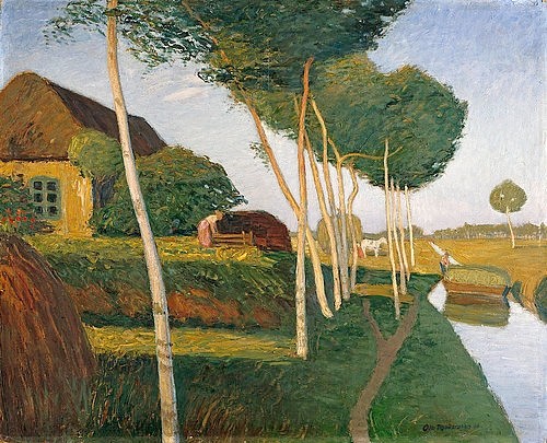 Otto Modersohn, Heuernte im Moor. 1910 (Moor, Kanal, Bauernhaus, Kate, Ernte, Heuernte, Landschaft,  Künstlerkolonie Worpswede, Klassische Moderne,   Wohnzimmer, Treppenhaus, Wunschgröße)