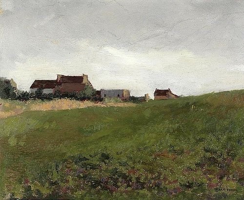 Odilon Redon, Bretonische Landschaft mit Gehöft. Um 1875-84. (Wunschgröße, klassische Moderne, Postimpressionimus, Landschaft,  Bauernhof, ländlich, Bretagne, Frankreich, Treppenhaus, Wohnzimmer, Malerei, bunt)