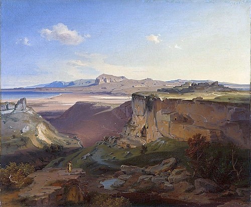 Carl Rottmann, Sikyon mit Korinth. 1836 (Landschaftsmalerei, Berge, Gebirge, Horizont, Griechenland, mythisch, episch, heroisch, Antike, Malerei, Romantik, Klassiker, Wunschgröße,  Wohnzimmer, bunt)