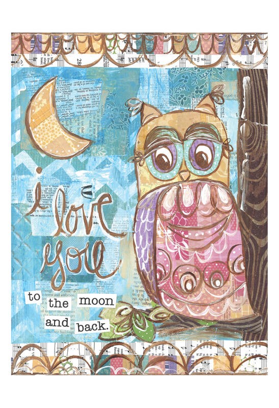 Erin Butson, PASTEL OWL I (Eule, Nachteule, Liebeseule, Mond, Grafik, Wohnzimmer, Treppenhaus,   Wunschgröße, bunt)