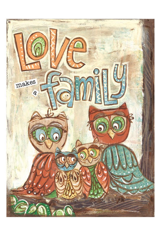 Erin Butson, OWL FAMILY III (Eulen, Vogel, Familie, Liebe, Motivation, Inspiration, Grafik, Wohnzimmer, Treppenhaus,   Wunschgröße, bunt)