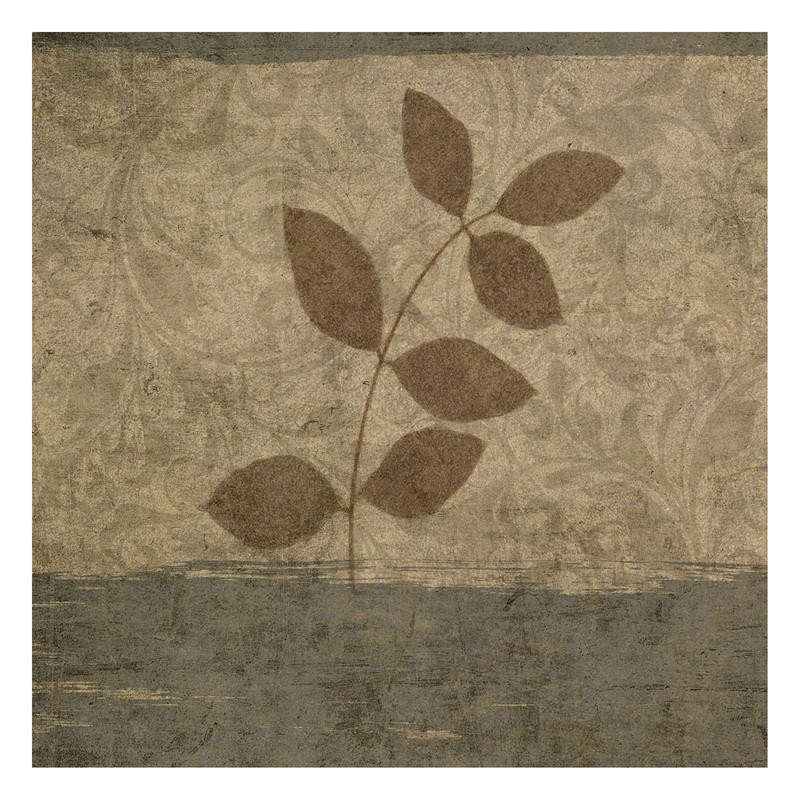 Kristin Emery, FOLIAGE IN BROWN I (Muster, floral, Blätter, Zweige, Ornamente, Grafik,  modern, zeitgenössisch, Wohnzimmer, Treppenhaus, Wunschgröße, beige/grau)