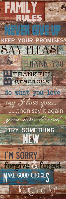 Taylor Greene, FAMILY RULES RUSTIC I (Paneele, Inspiration, Motivation, Familie, Sprüche, Regeln, Typografie, Treppenhaus, Wunschgröße, Grafik)