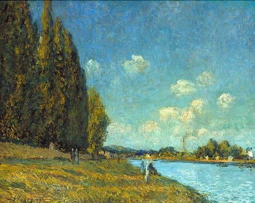 Alfred Sisley, Landschaft an der Seine. 1879 (Öl auf Leinwand,19. Jahrhundert,1839-1899,Sisley,Alfred,Hamburg,Kunsthalle,Fluss,Frankreich,Sisley, Alfred Sisley,Impressionismus,Landschaft,Billancourt,Flussufer,Ufer,blauer Himmel,blau,grün)