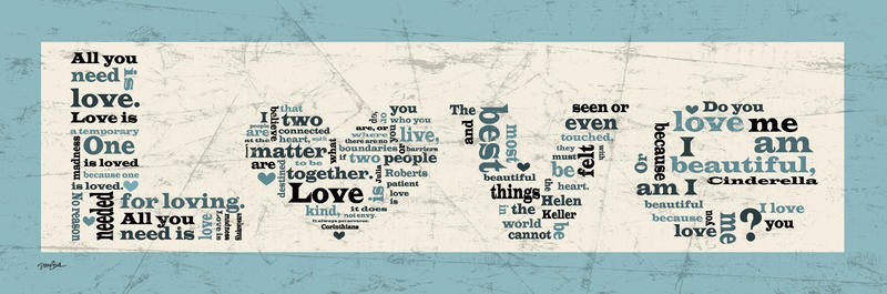 Diane Stimson, LOVE II (Liebe, Buchstaben, Zeitungspapier, Motivation, Inspiration, Typografie, Grafik, Wunschgröße, Treppenhaus, Jugendzimmer, blau/grau)
