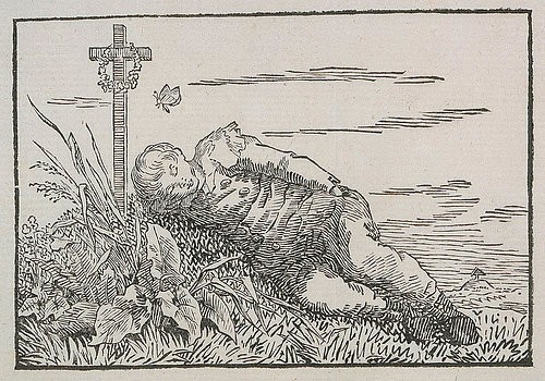 Caspar David Friedrich, Knabe auf einem Grab schlafend. Um 1803 (Städel Museum,Frankfurt am Main,Friedrich,Caspar David,Holzschnitt,Graphische Sammlung,19. Jahrhundert,Romantik,nach,schwarze romantik,Caspar David Friedrich,städel,grafik,Junge,schlafen,Schlaf,Schmetterling,Unschuld,unschuldig,Kreuz,Kranz,Grab)